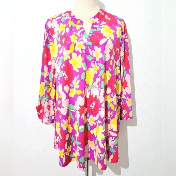 Dear Scarlett Floral Blouse Top Tunic XL Bright Pink Yellow Red Green 3/4 Sleeve - Picture 2 of 13